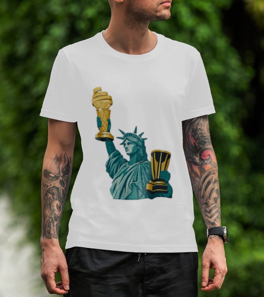 Lady Liberty Holding Dual Championship Trophies Soccer And Basketball T-Shirt