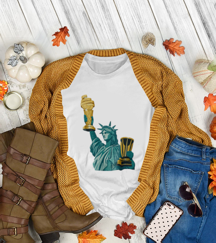 Lady Liberty Holding Dual Championship Trophies Soccer And Basketball T-Shirt