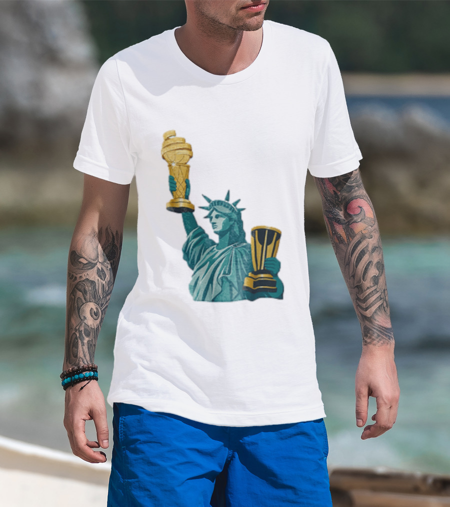 Lady Liberty Holding Dual Championship Trophies Soccer And Basketball T-Shirt