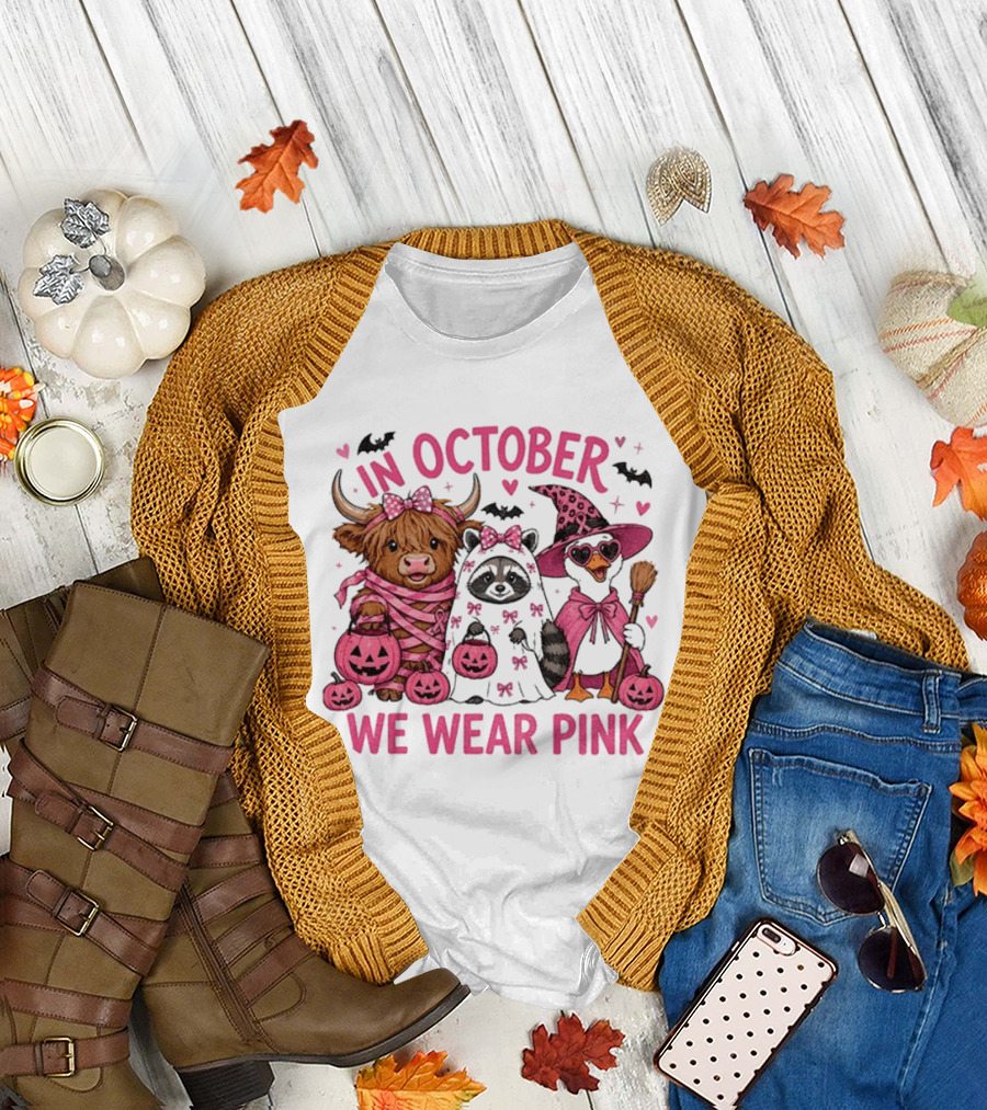 In October We Wear Pink Breast Cancer Support With Halloween Animals T-Shirt