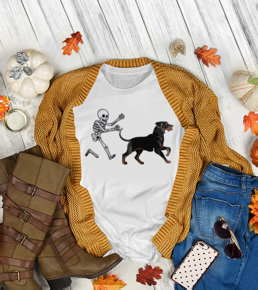 Skeleton Chasing Rottweiler With Bone In Halloween Humor Scene T-Shirt