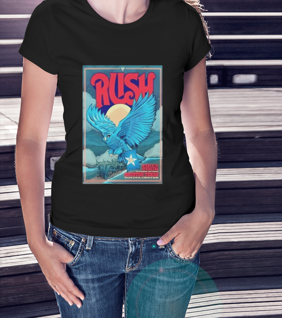 Rush Fifty Something Tour Houston Texas October 1st 2026 Toyota Center Blue Owl Moon Mountain Scene T-Shirt