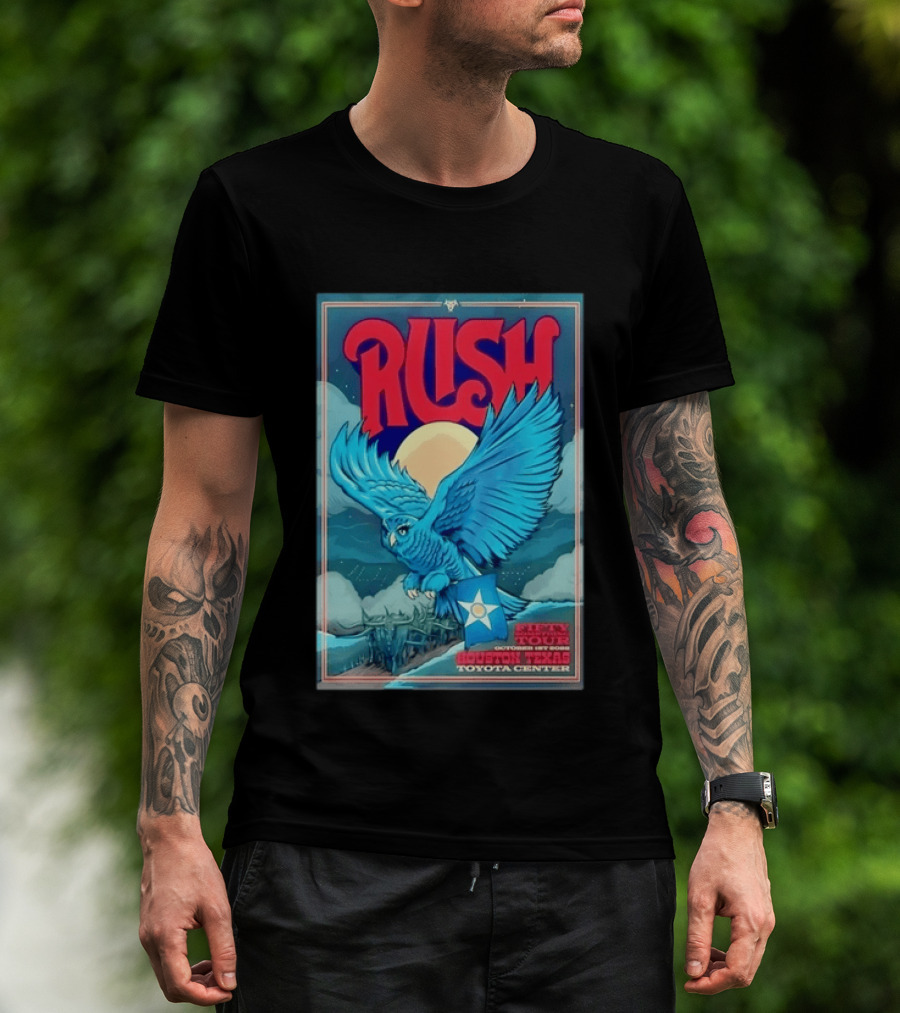 Rush Fifty Something Tour Houston Texas October 1st 2026 Toyota Center Blue Owl Moon Mountain Scene T-Shirt