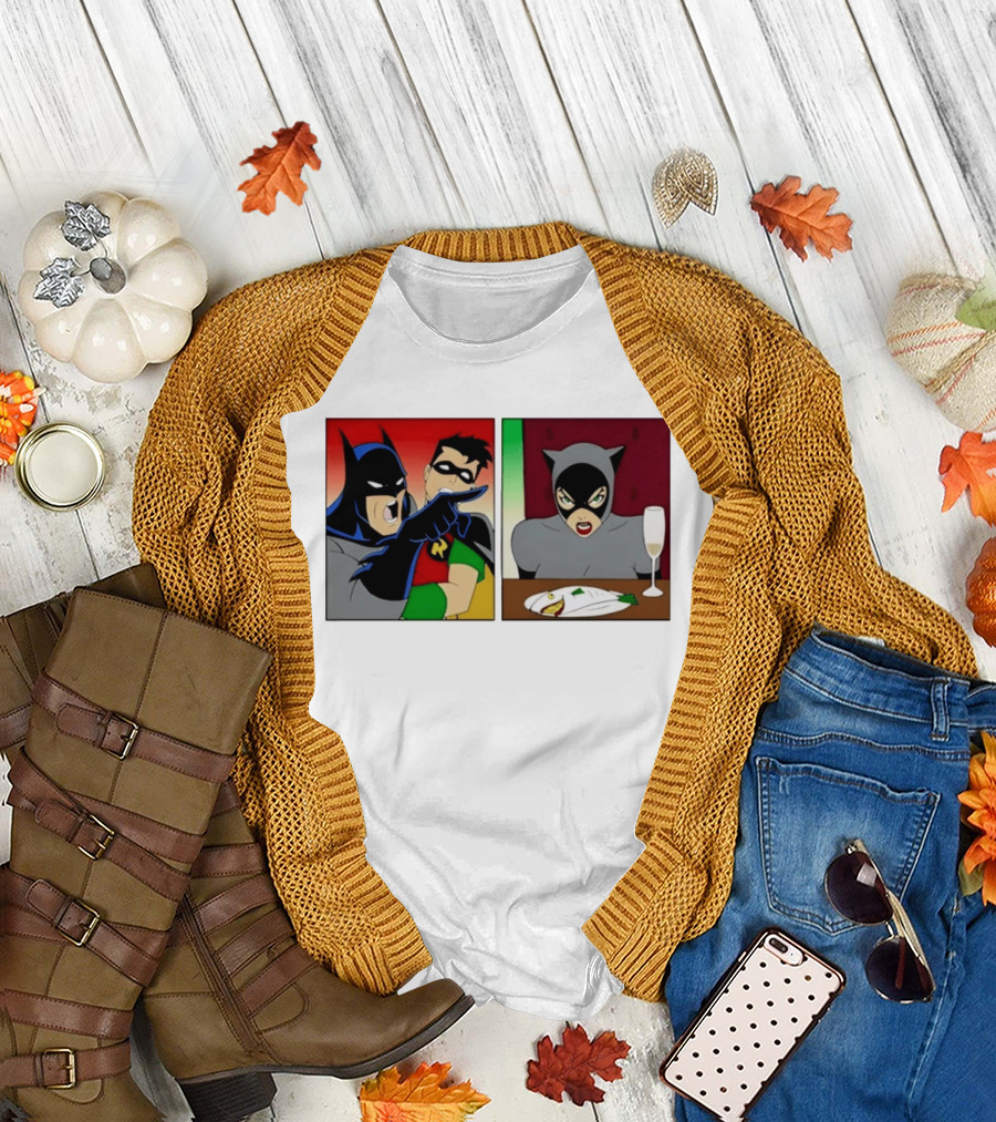Batman Robin Yelling At Catwoman Meme Panel With Fish Plate And Wine Glass T-Shirt
