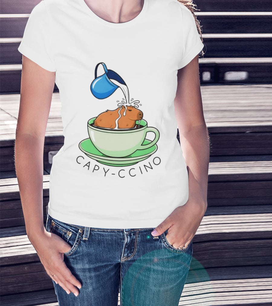 Capybara Coffee Capy Ccino In A Cup With Cappuccino Pouring Scene T-Shirt