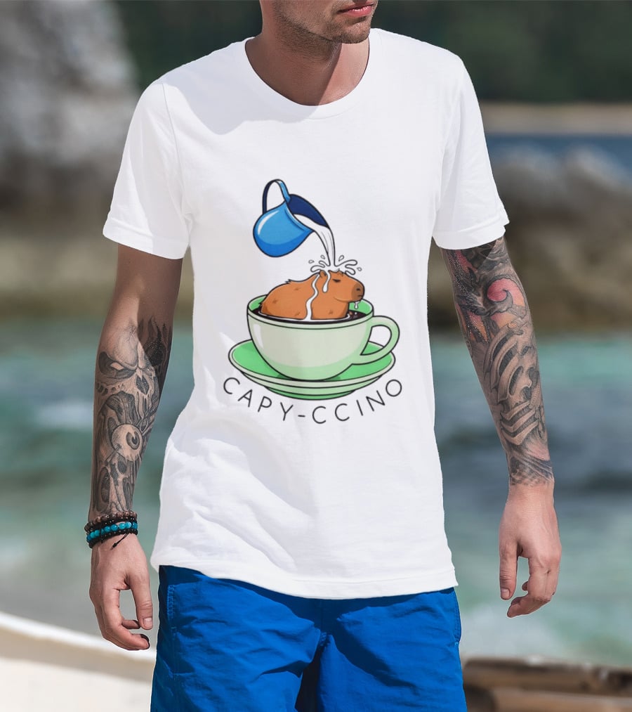 Capybara Coffee Capy Ccino In A Cup With Cappuccino Pouring Scene T-Shirt