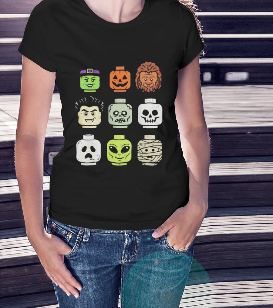 Distressed Halloween Minifigure Frankenstein Pumpkin Werewolf Dracula Zombie Ghost Alien Mummy Heads Collection T-Shirt