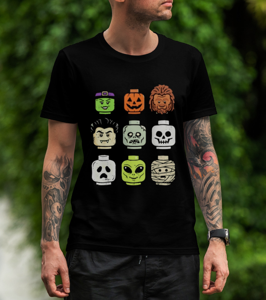 Distressed Halloween Minifigure Frankenstein Pumpkin Werewolf Dracula Zombie Ghost Alien Mummy Heads Collection T-Shirt