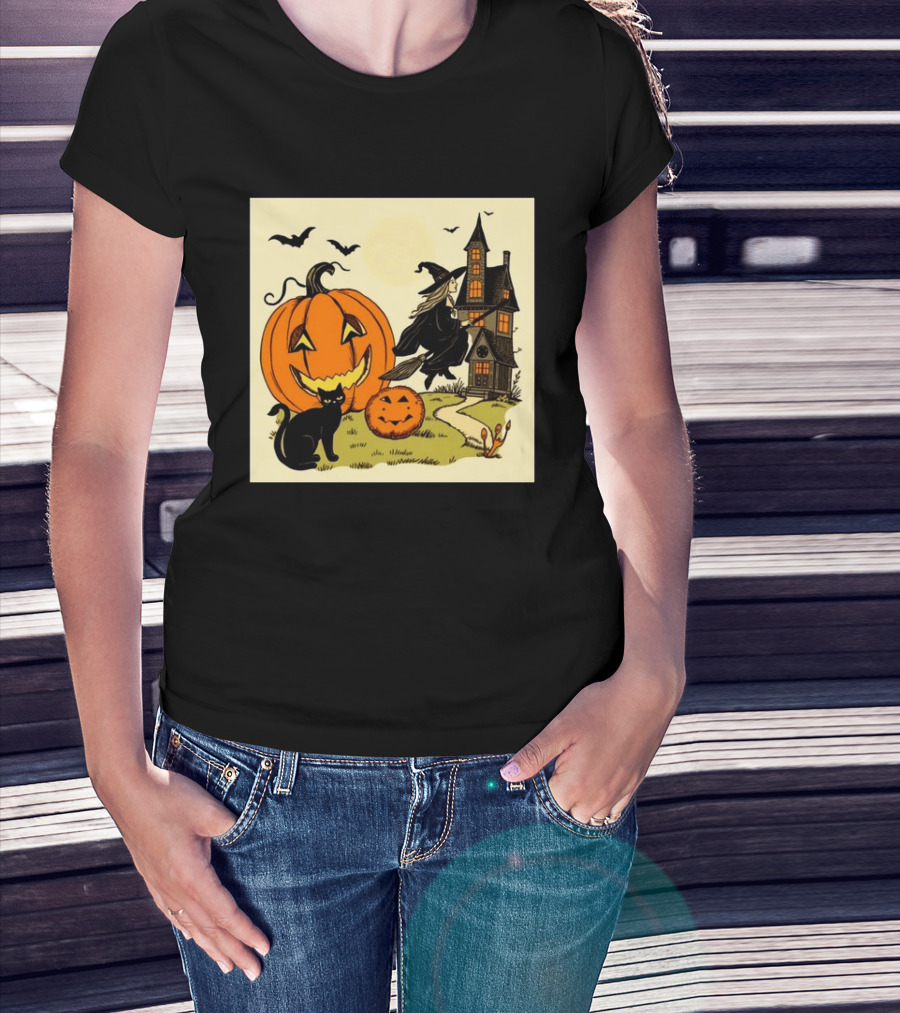 Spooktacular Halloween Black Cat Witch Pumpkin Haunted House T-Shirt