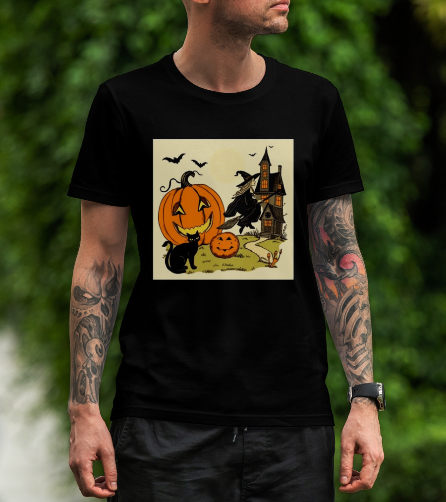 Spooktacular Halloween Black Cat Witch Pumpkin Haunted House T-Shirt