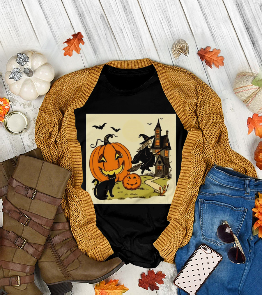 Spooktacular Halloween Black Cat Witch Pumpkin Haunted House T-Shirt