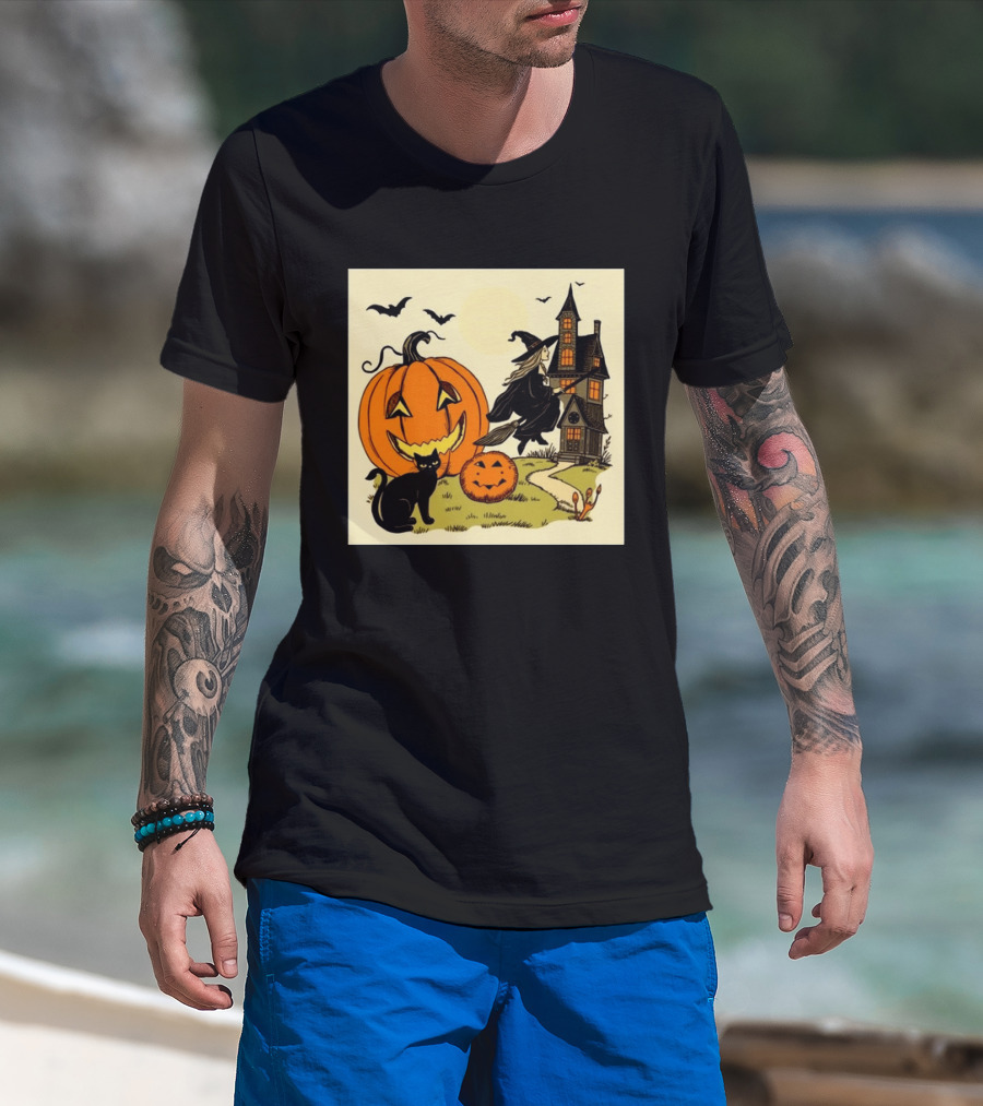 Spooktacular Halloween Black Cat Witch Pumpkin Haunted House T-Shirt