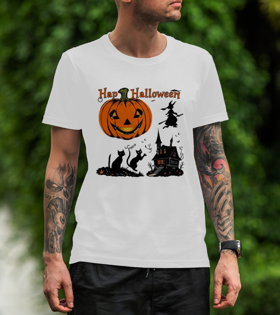 Happy Halloween Pumpkin Black Cats Witch Haunted House T-Shirt