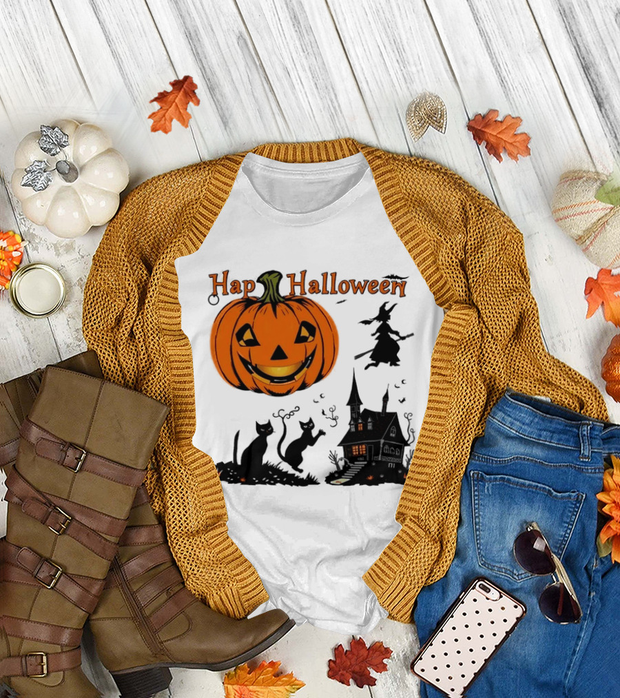 Happy Halloween Pumpkin Black Cats Witch Haunted House T-Shirt