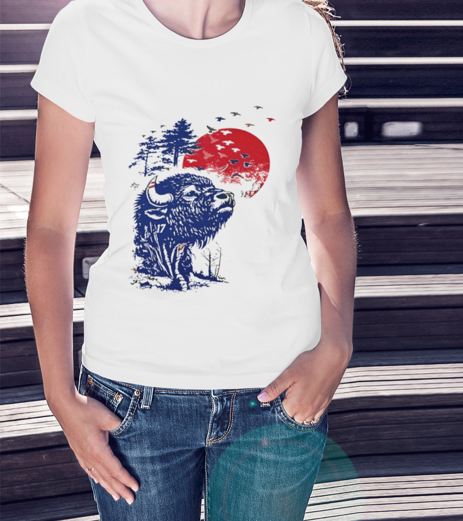 Buffalo Bills 17 Bison Sunset With Trees And Red Sun T-Shirt