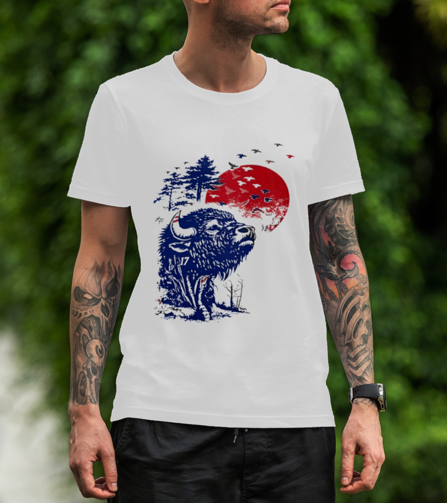 Buffalo Bills 17 Bison Sunset With Trees And Red Sun T-Shirt