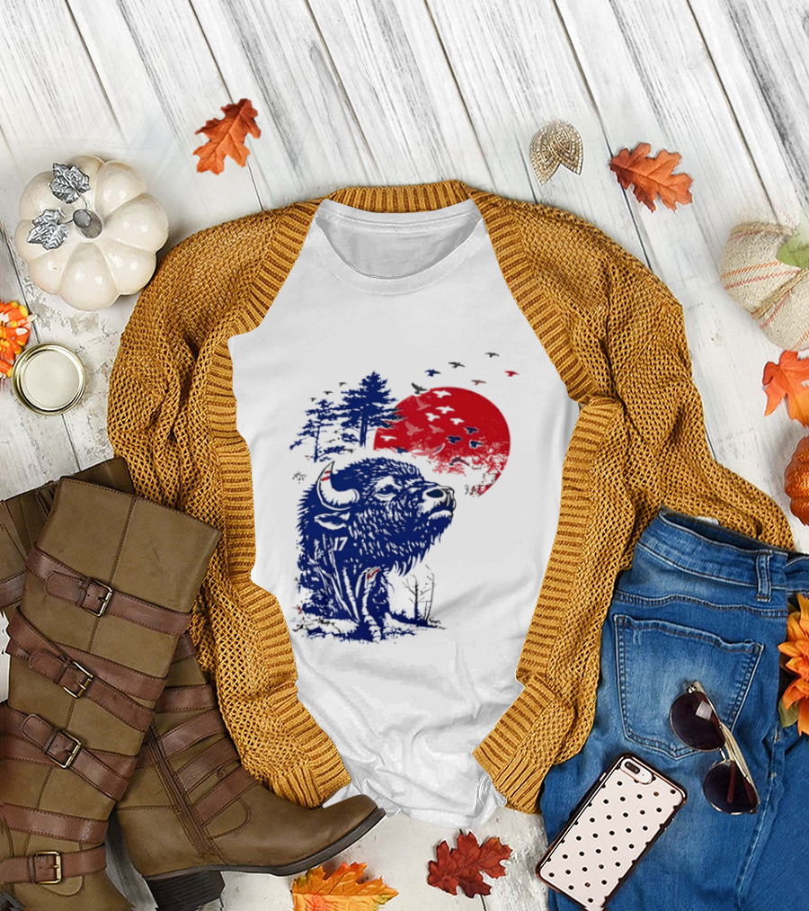 Buffalo Bills 17 Bison Sunset With Trees And Red Sun T-Shirt