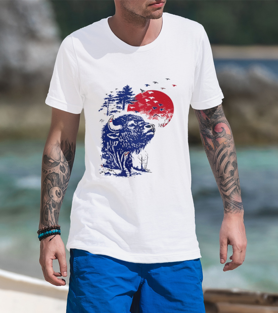 Buffalo Bills 17 Bison Sunset With Trees And Red Sun T-Shirt