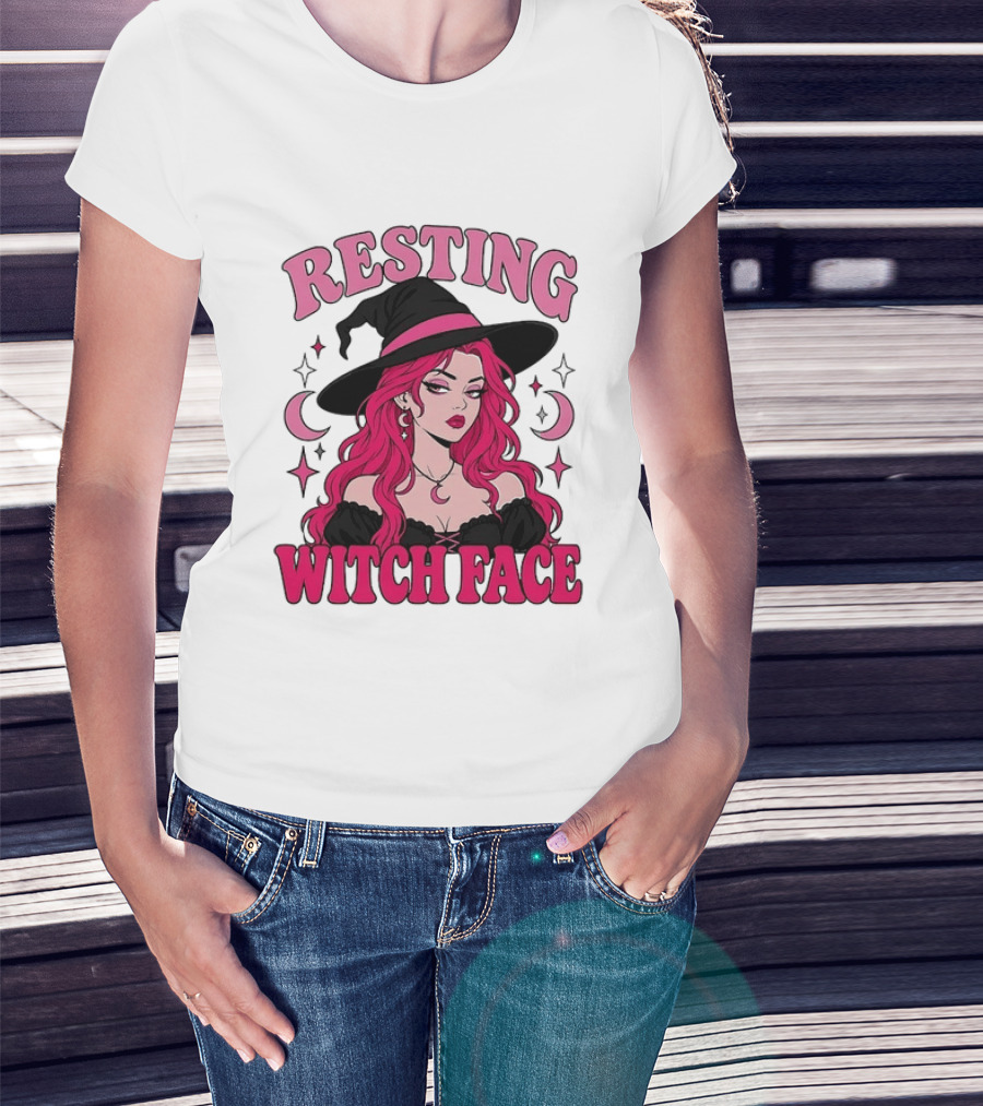 Resting Witch Face Pink Witch Hat Halloween Aesthetic T-Shirt