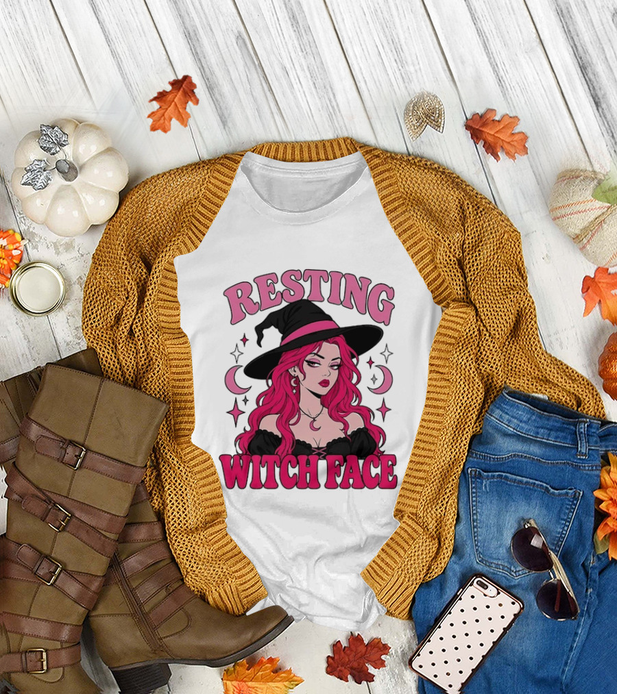 Resting Witch Face Pink Witch Hat Halloween Aesthetic T-Shirt