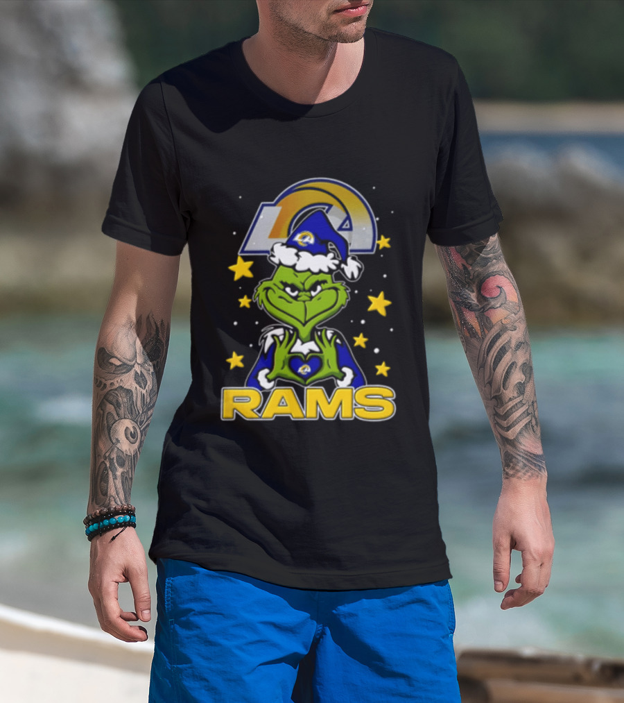 Los Angeles Rams Grinch Santa Hat Christmas Cartoon Fan Gear T-Shirt