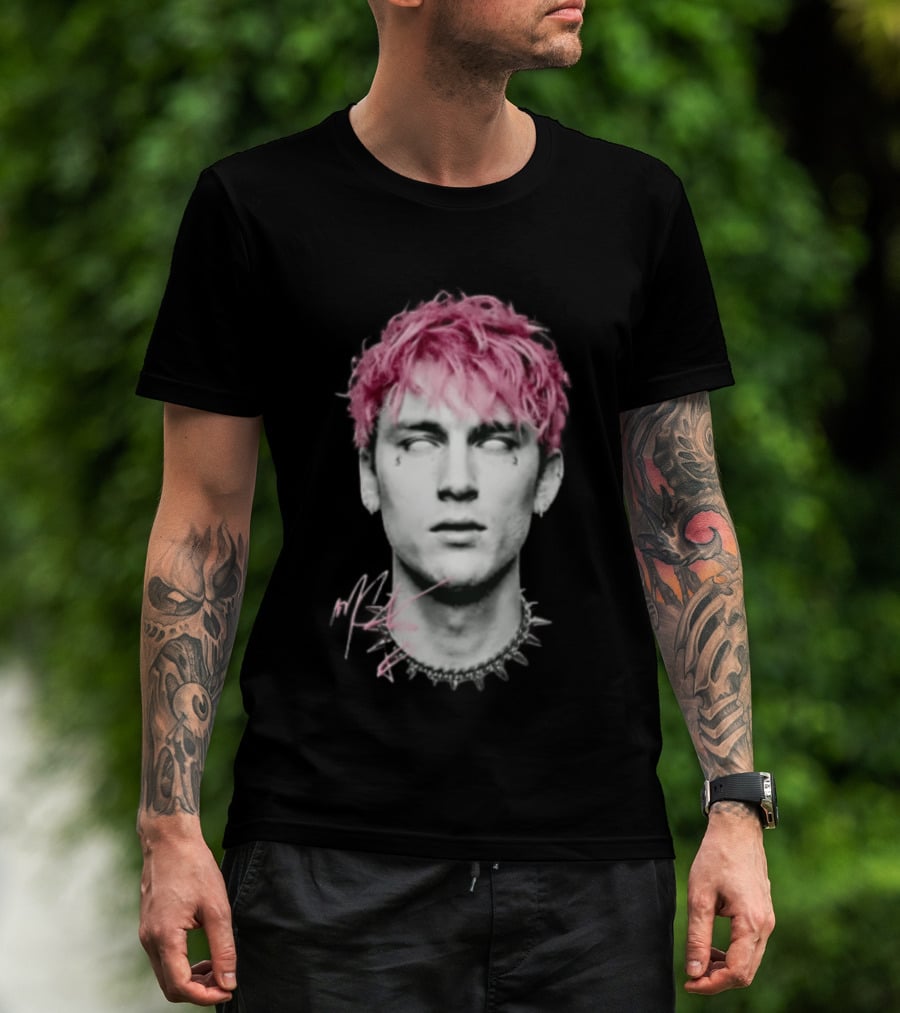 Machine Gun Kelly Pink Hair Spiked Choker Monochrome Signature T-Shirt