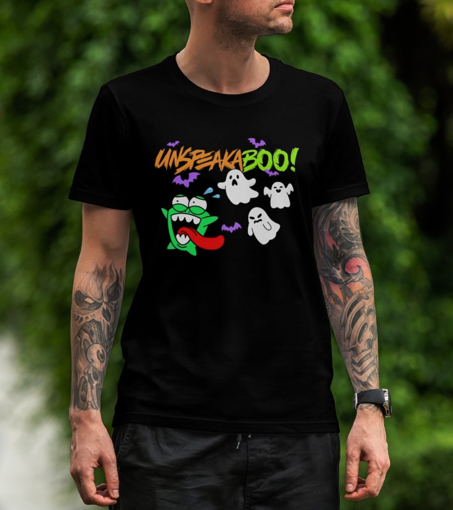 Unspeakaboo Halloween Ghosts With Green Monster And Purple Bats T-Shirt
