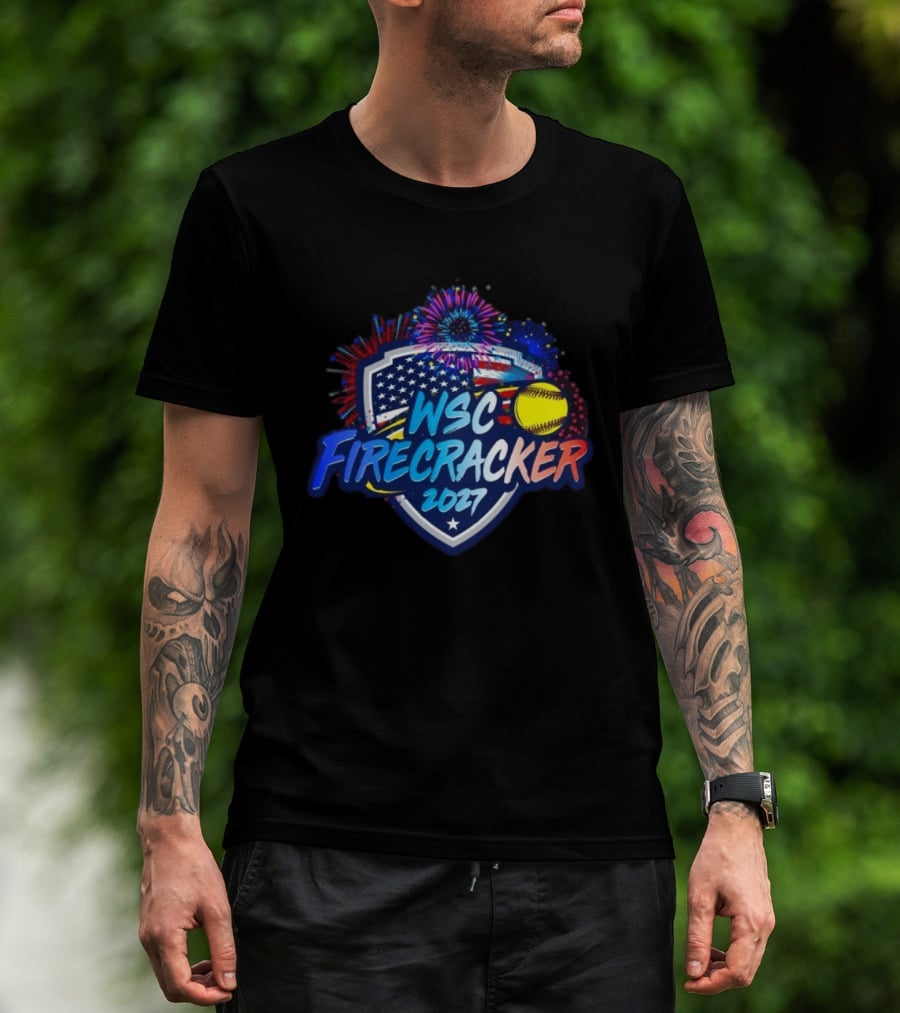 WSC Firecracker 2027 Softball Patriotic Shield Fireworks Yellow Ball Stars T-Shirt