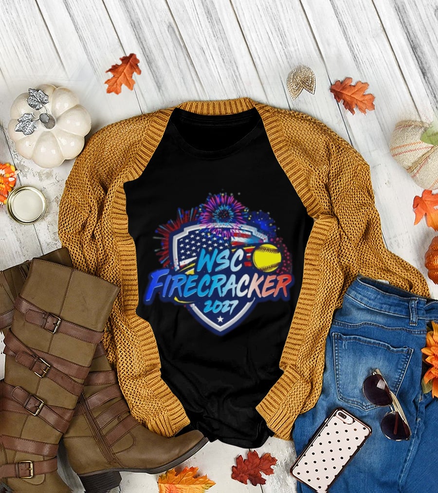 WSC Firecracker 2027 Softball Patriotic Shield Fireworks Yellow Ball Stars T-Shirt
