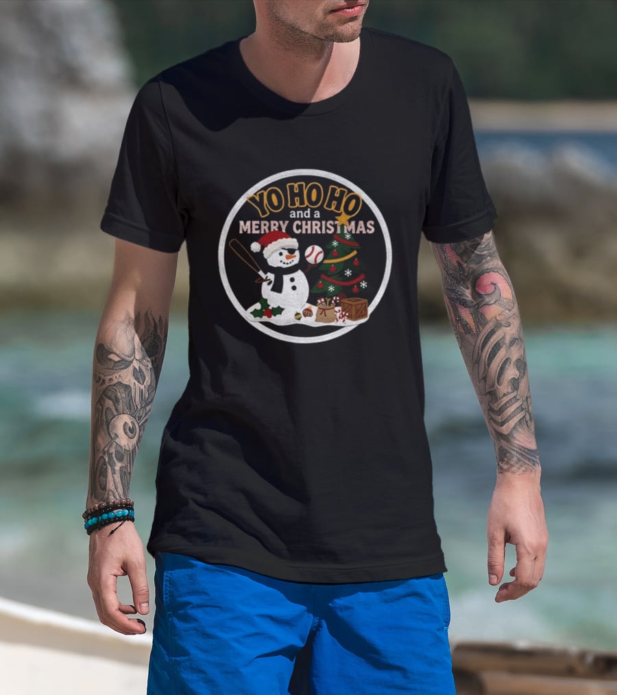 Pittsburgh Pirates Yo Ho Ho Merry Christmas Snowman With Baseball And Tree T-Shirt
