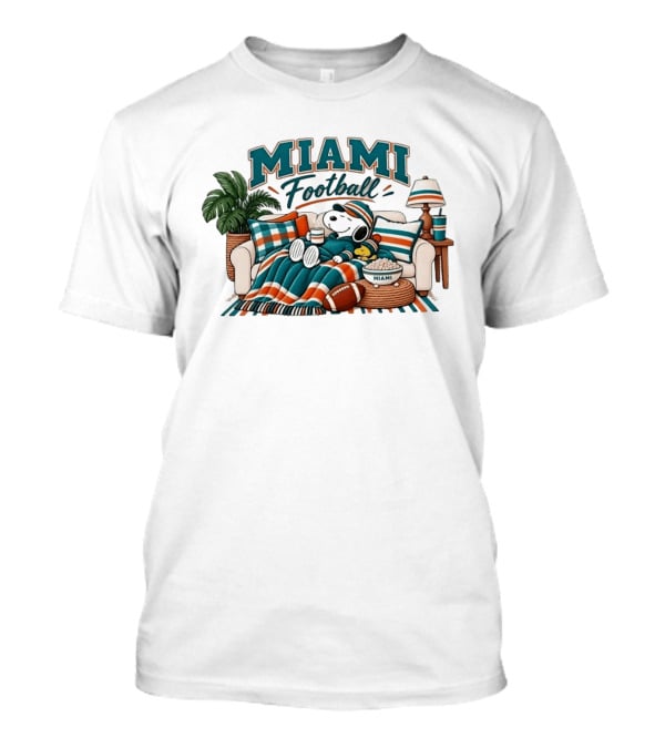 Miami Dolphins Snoopy Woodstock Couch With Miami Football T-Shirt