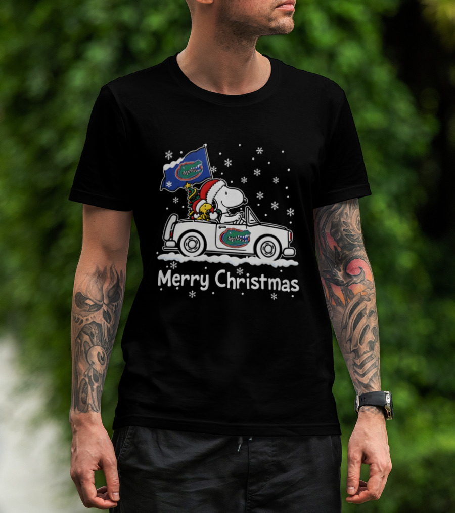 Florida Gators Snoopy Woodstock Driving Car Merry Christmas 2026 Snowflakes T-Shirt