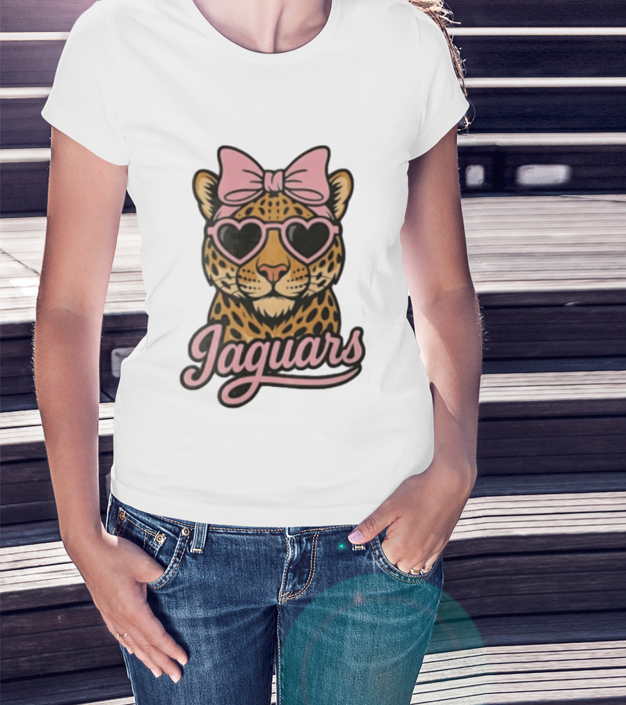 Jacksonville Jaguars Leopard Pink Bow Heart Sunglasses T-Shirt