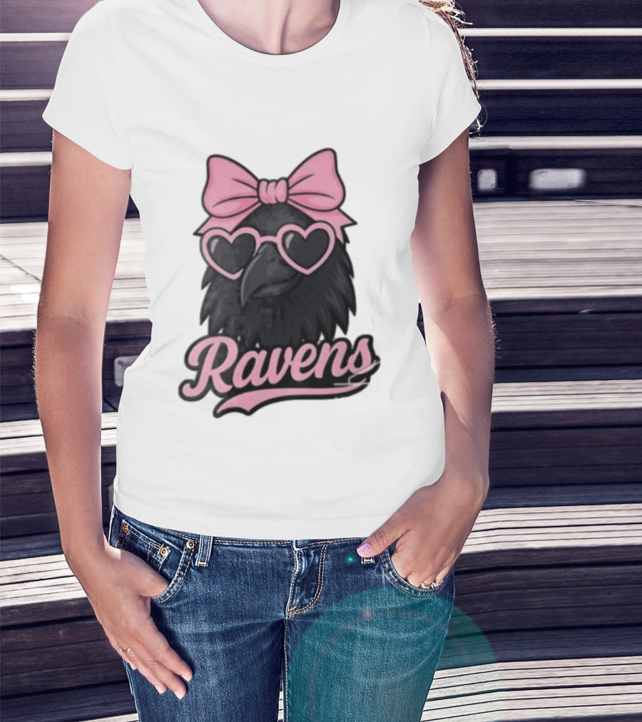 Ravens Raven Pink Bow Heart Sunglasses T-Shirt
