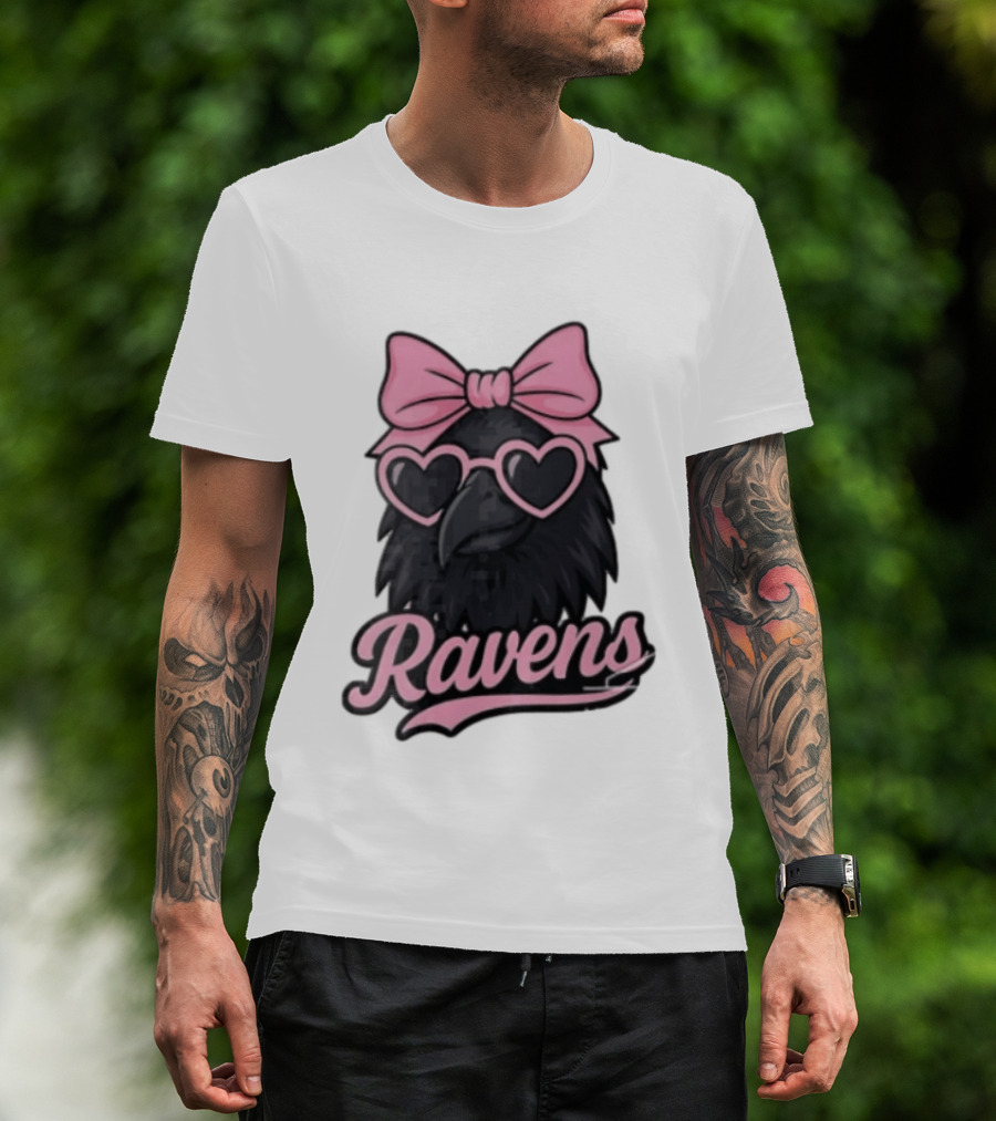 Ravens Raven Pink Bow Heart Sunglasses T-Shirt