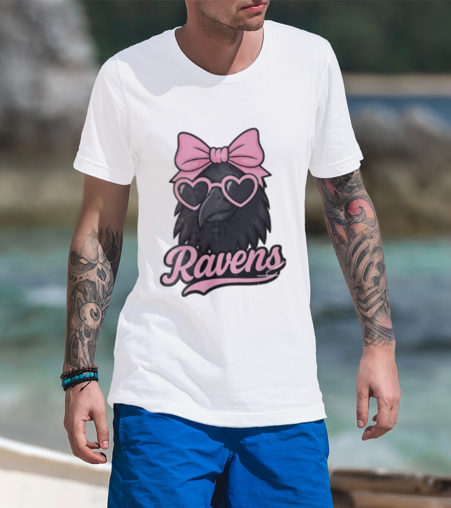 Ravens Raven Pink Bow Heart Sunglasses T-Shirt