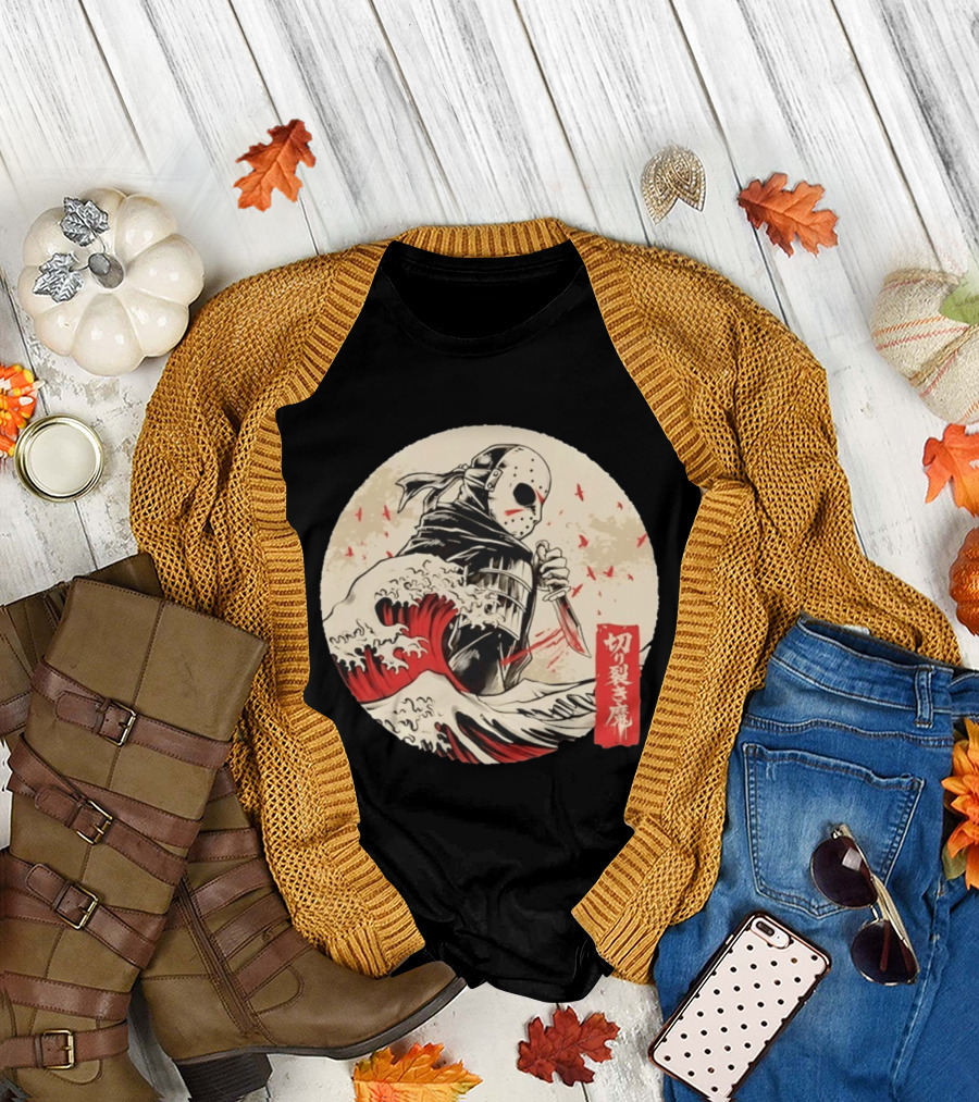 Jason Voorhees Samurai Katana Great Wave Horror Scene T-Shirt