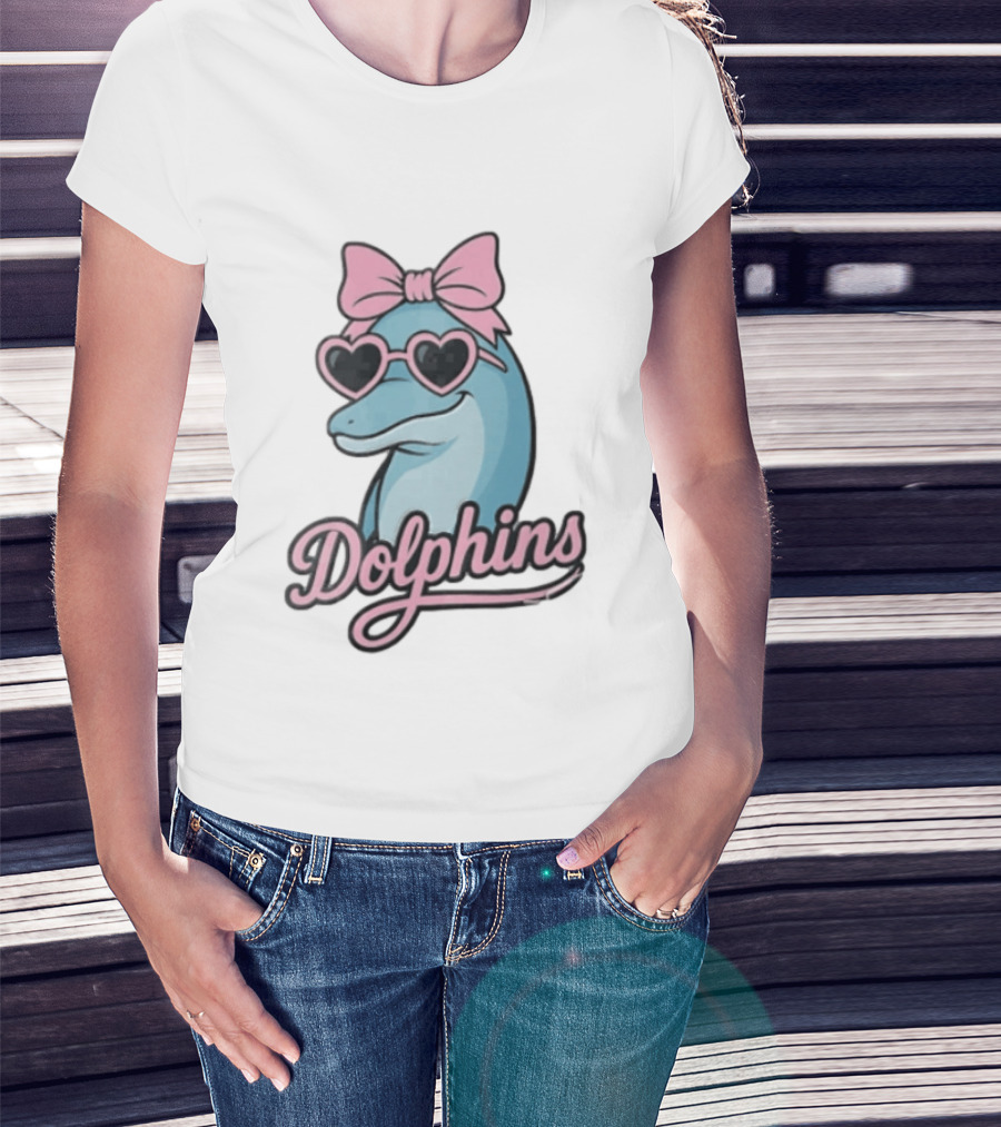 Dolphins Blue Dolphin Pink Bow Heart Sunglasses T-Shirt