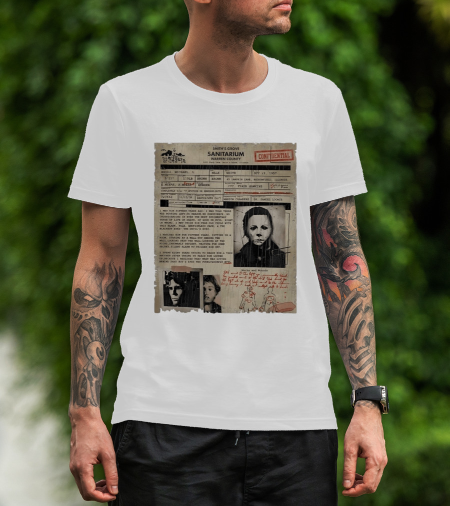 Smith's Grove Sanitarium Confidential Patient File Michael Myers Vintage Horror Movie Scene T-Shirt