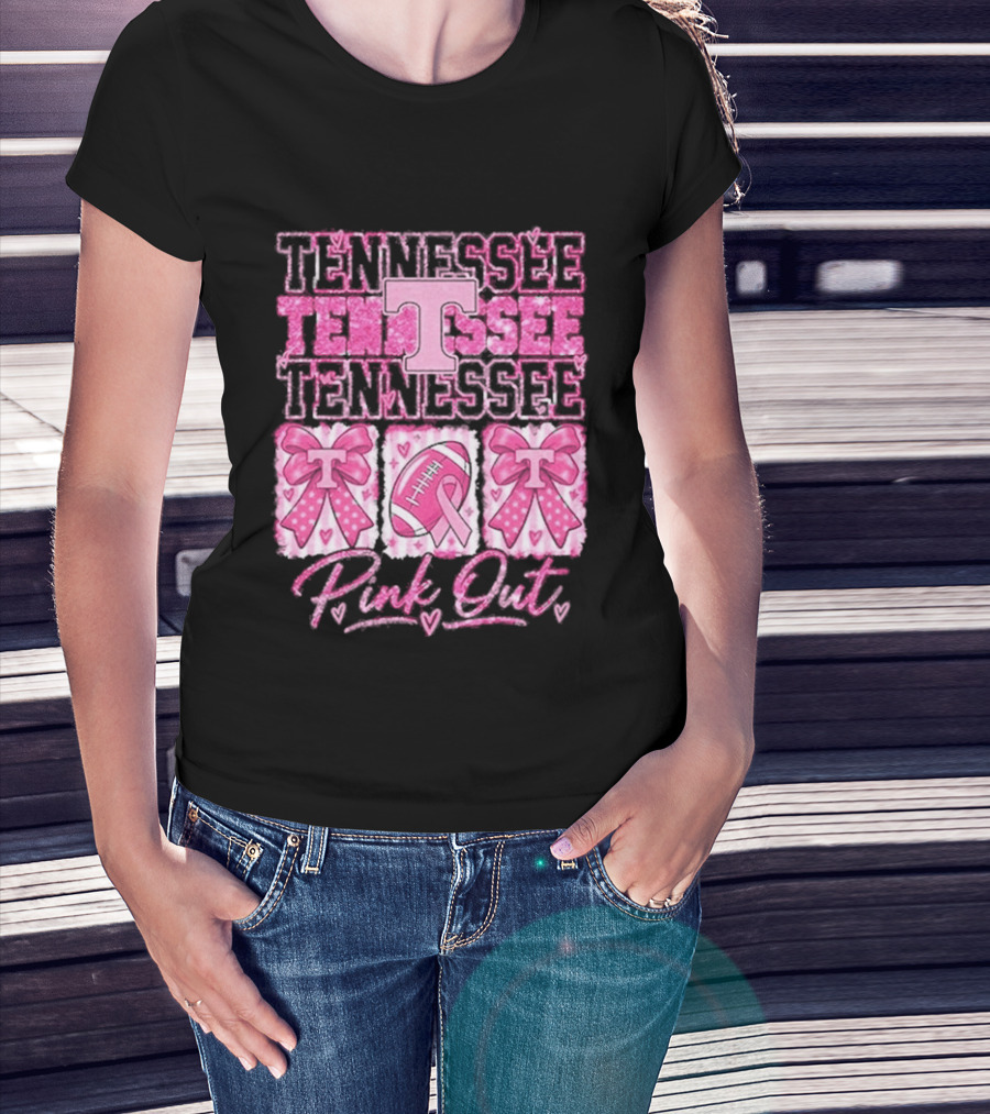 Tennessee Volunteers Pink Out Breast Cancer Awareness Game Day Football Bow Ribbons T-Shirt