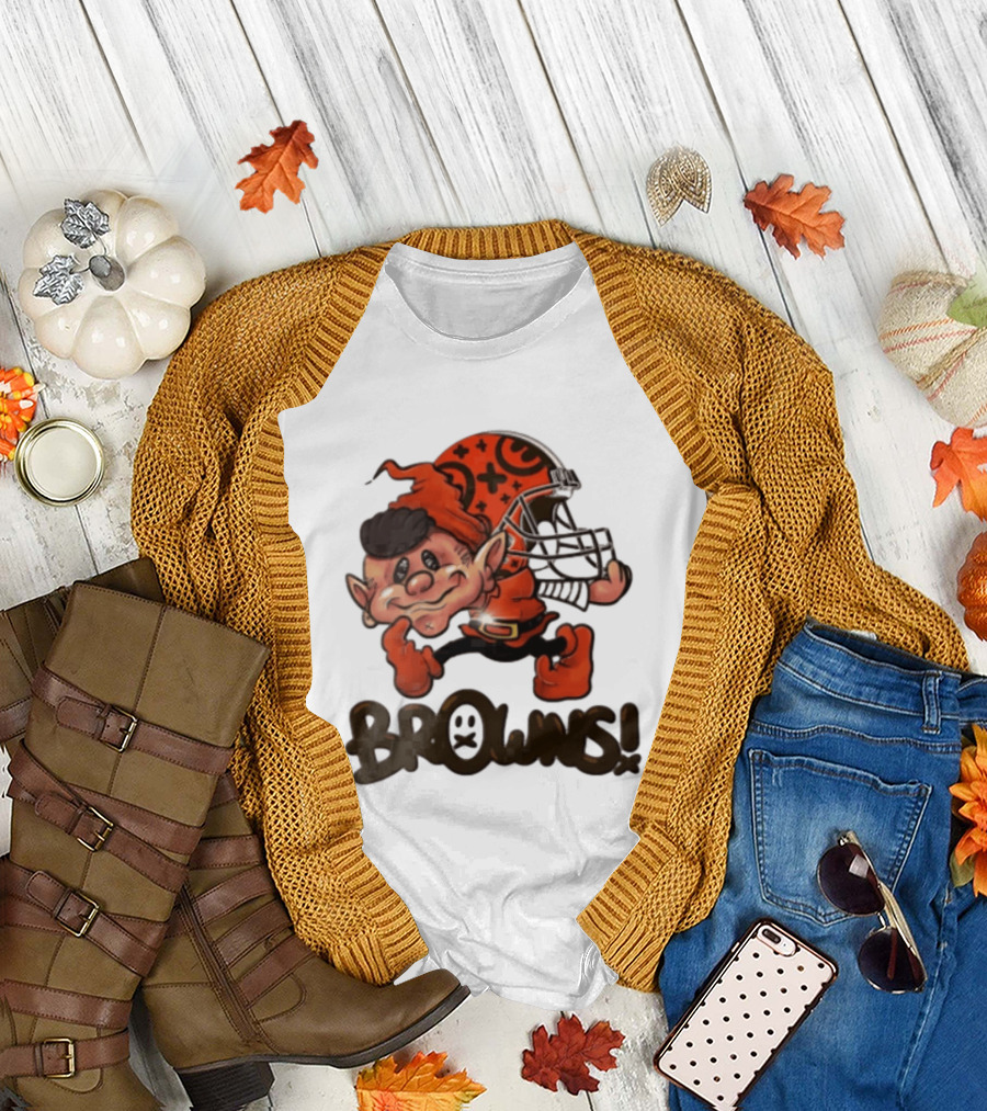 Cleveland Browns Elf Holding Football Helmet Browns T-Shirt