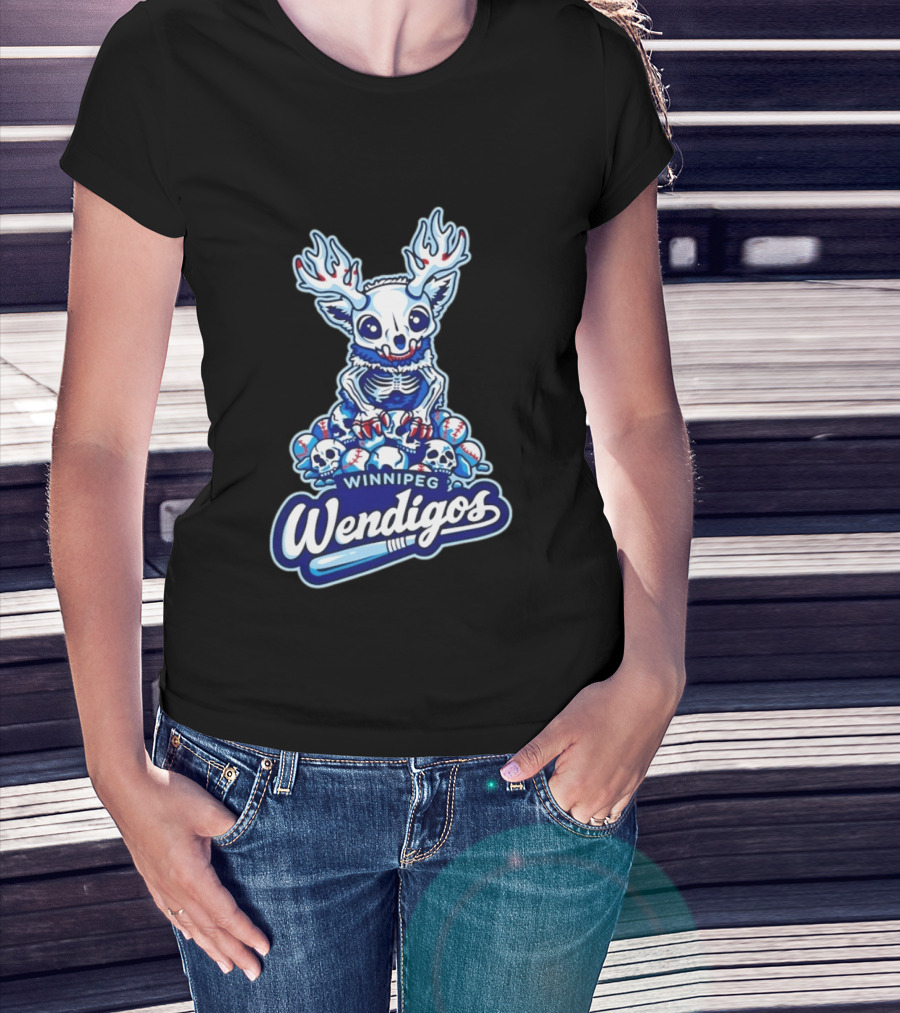 Winnipeg Wendigos Baseball Skull With Antlers And Blue Bats T-Shirt