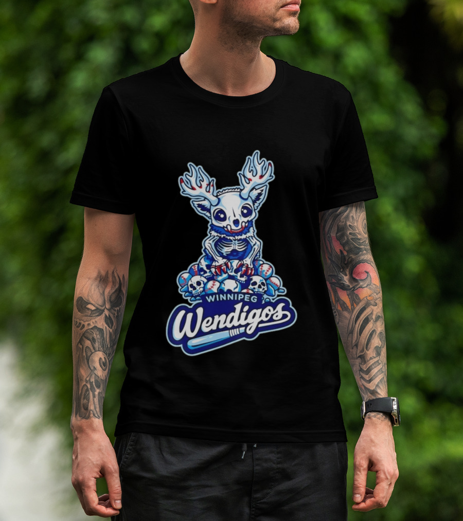 Winnipeg Wendigos Baseball Skull With Antlers And Blue Bats T-Shirt