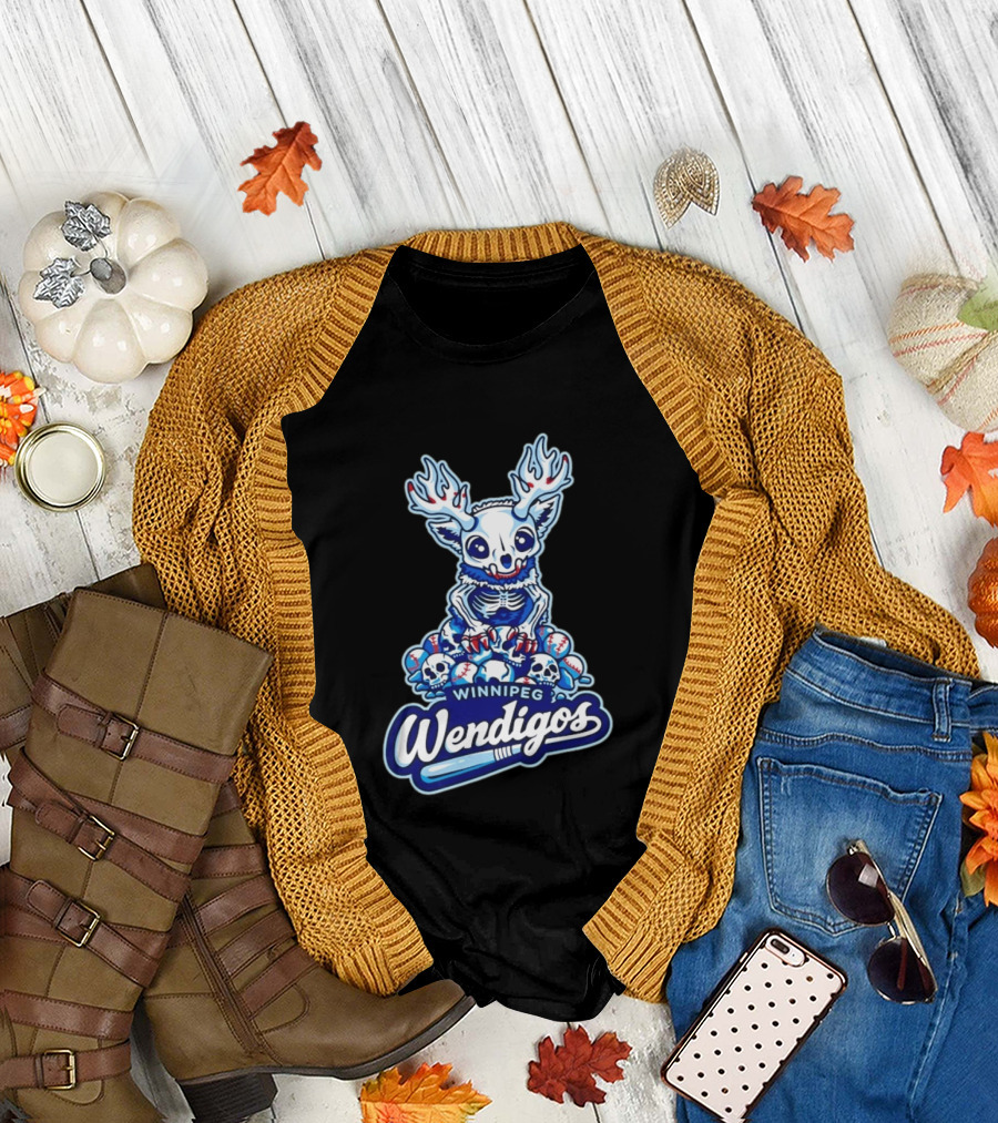 Winnipeg Wendigos Baseball Skull With Antlers And Blue Bats T-Shirt