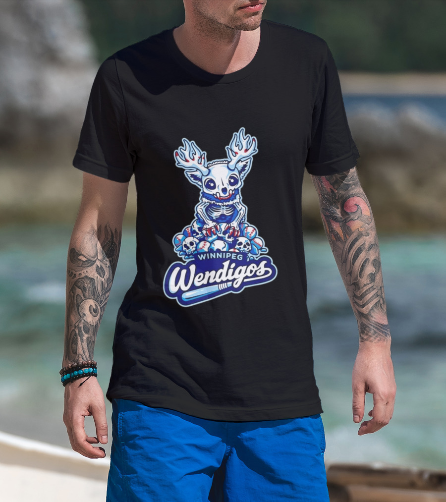 Winnipeg Wendigos Baseball Skull With Antlers And Blue Bats T-Shirt