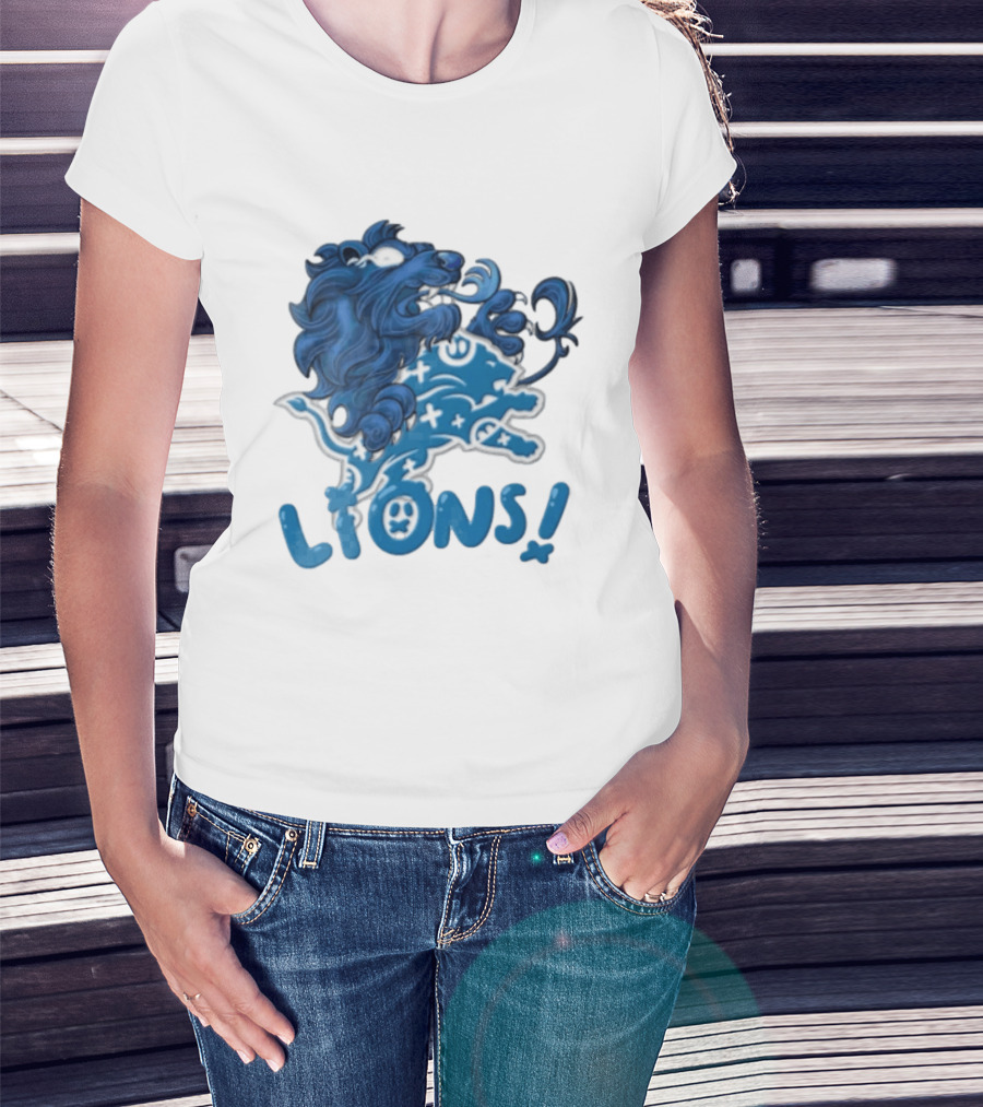 Detroit Lions Blue Lion Roaring Mascot With Playful Lettering T-Shirt