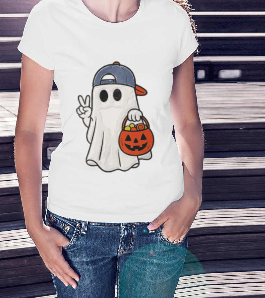 Ghost In Cap With Peace Sign Holding Pumpkin Bucket Halloween T-Shirt