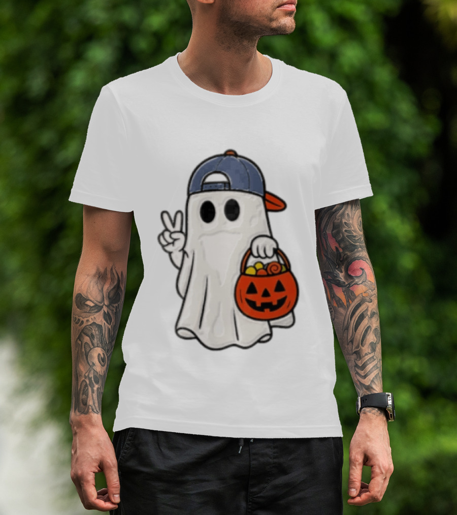 Ghost In Cap With Peace Sign Holding Pumpkin Bucket Halloween T-Shirt