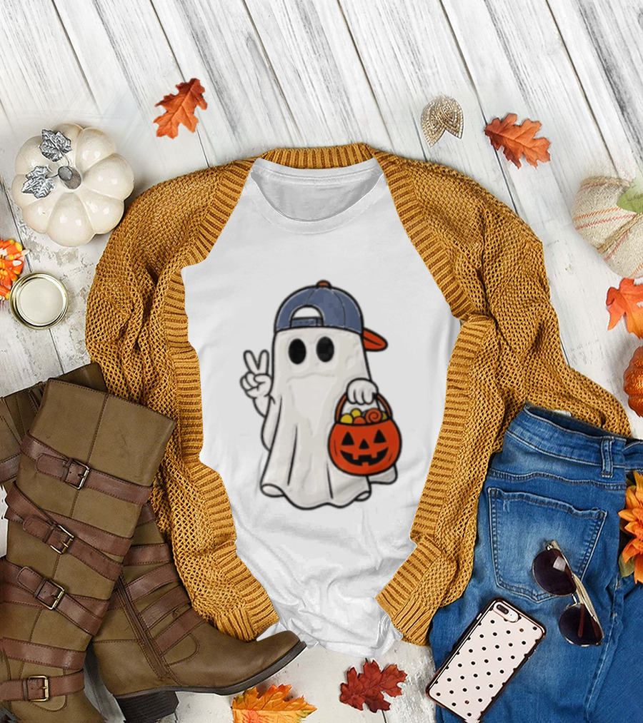 Ghost In Cap With Peace Sign Holding Pumpkin Bucket Halloween T-Shirt