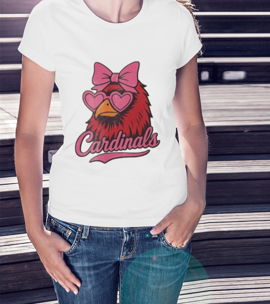 St Louis Cardinals Red Bird Pink Bow Heart Glasses T-Shirt